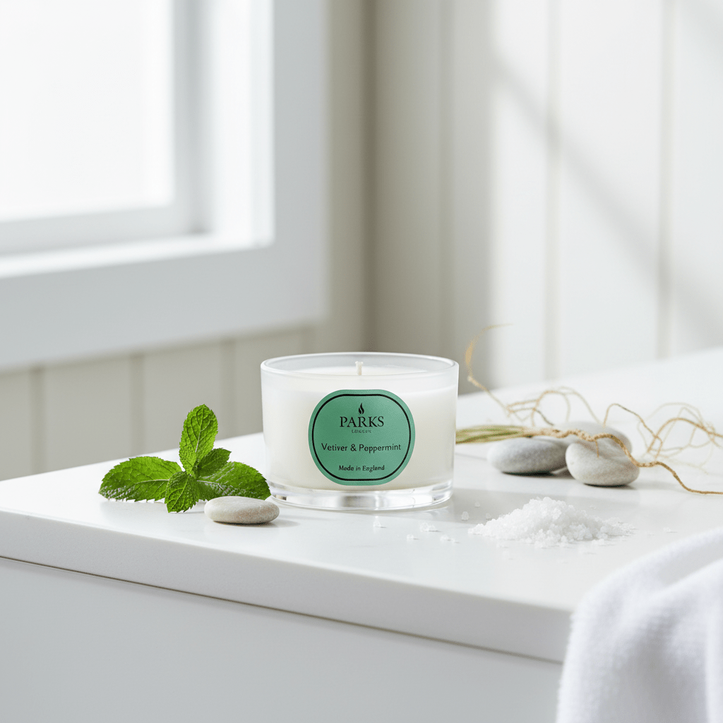 Parks Candles Vetiver and Peppermint travel candle in 70g glass jar, with a natural scent and decorative label.