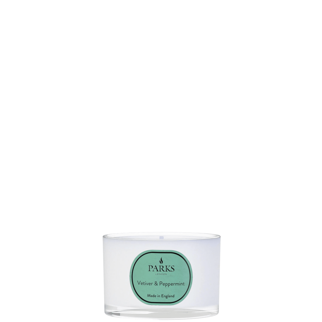 Travel candle by Parks Candles featuring vetiver and peppermint scent, 70g, with a sleek glass container and natural wax finish.
