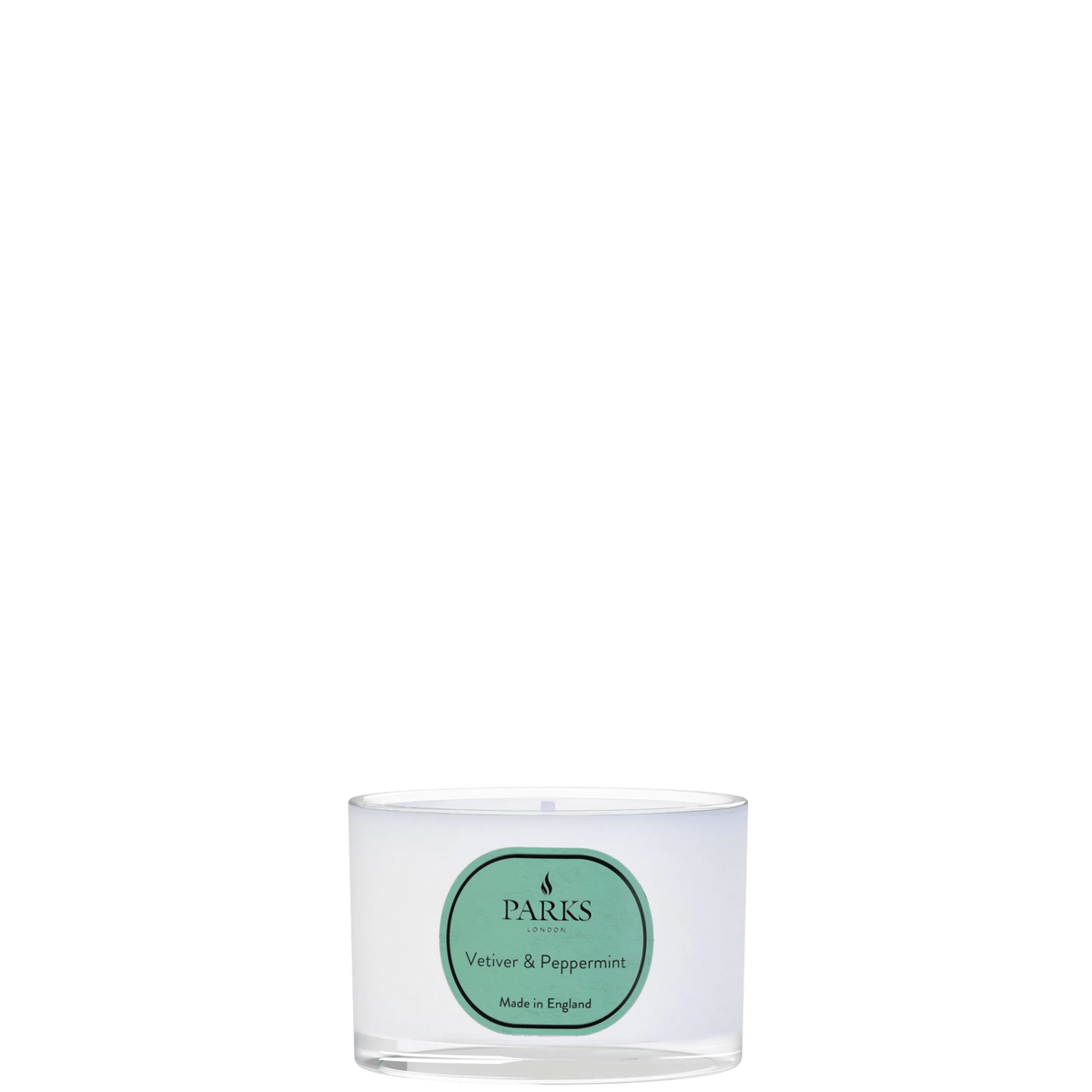 Travel candle by Parks Candles featuring vetiver and peppermint scent, 70g, with a sleek glass container and natural wax finish.