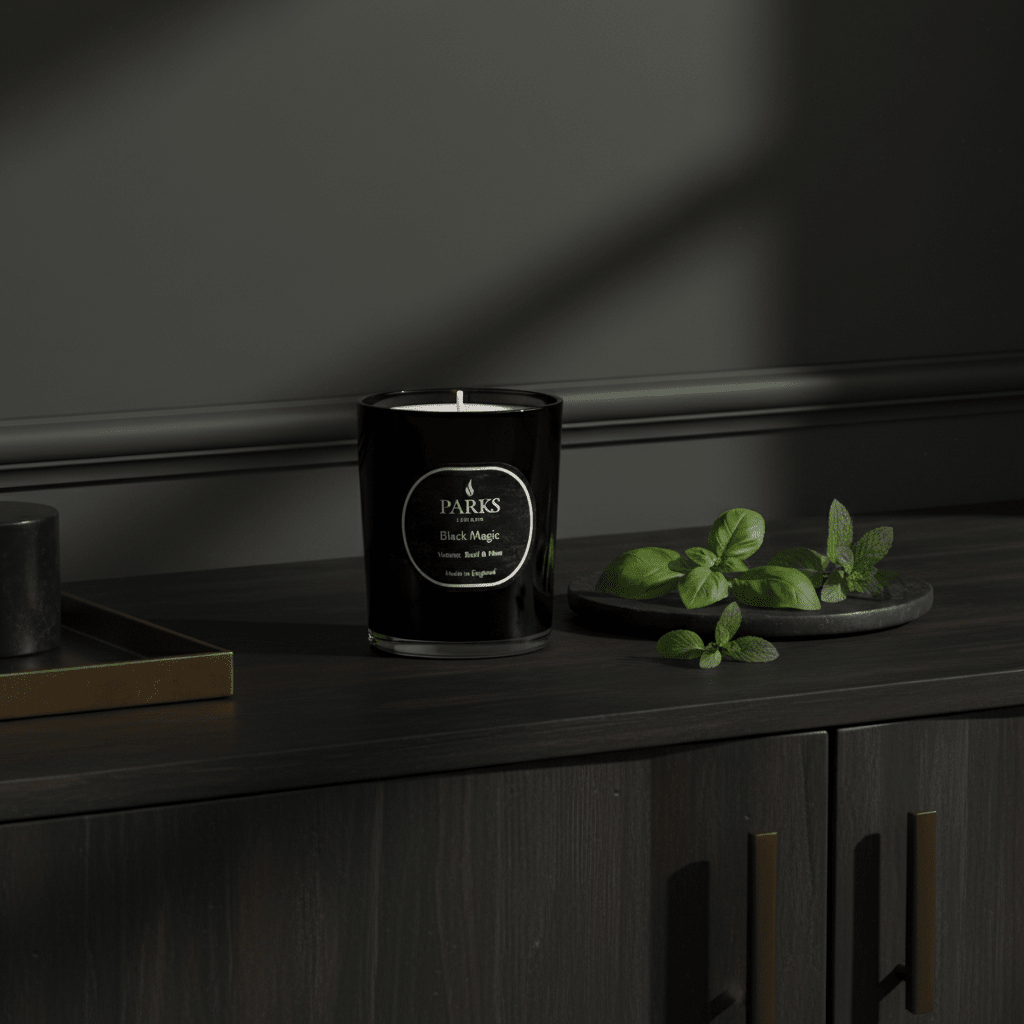 Parks Candles vetiver, basil, and mint scented candle in a 180g glass jar with a lit wick and fresh herbal aroma.
