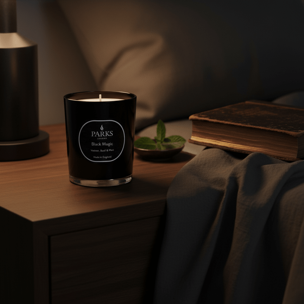 Parks Candles Vetiver, Basil & Mint 180g candle with natural wax and a clean, fresh scent, featuring a simple white container.