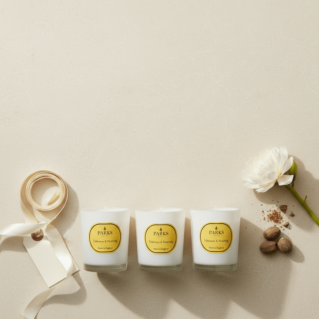 Vintage aromatherapy candles by Parks Candles, Tuberose and Nutmeg scent, 50g, set of three in special edition packaging.