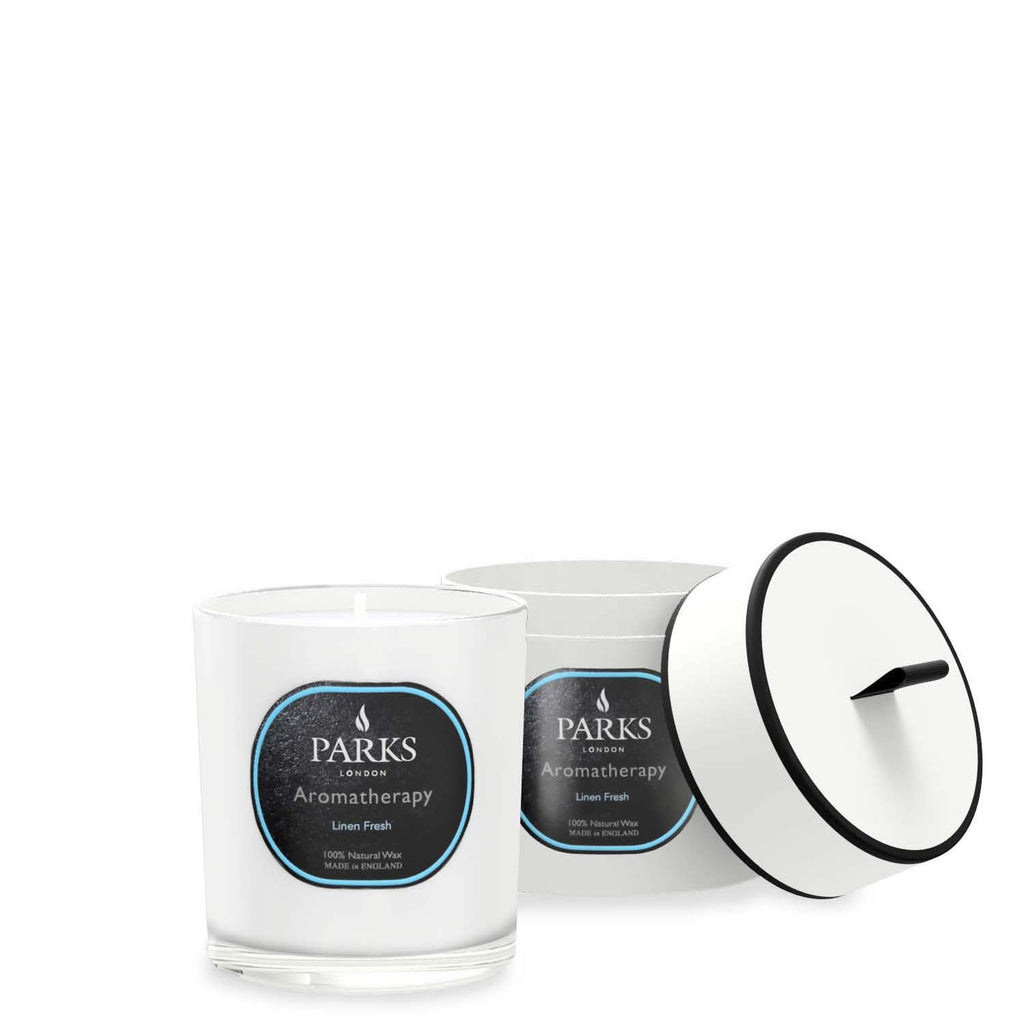 Linen Fresh Candle by Parks Candles, 220g, showcasing a white candle in a simple glass holder with a clean, fresh scent.