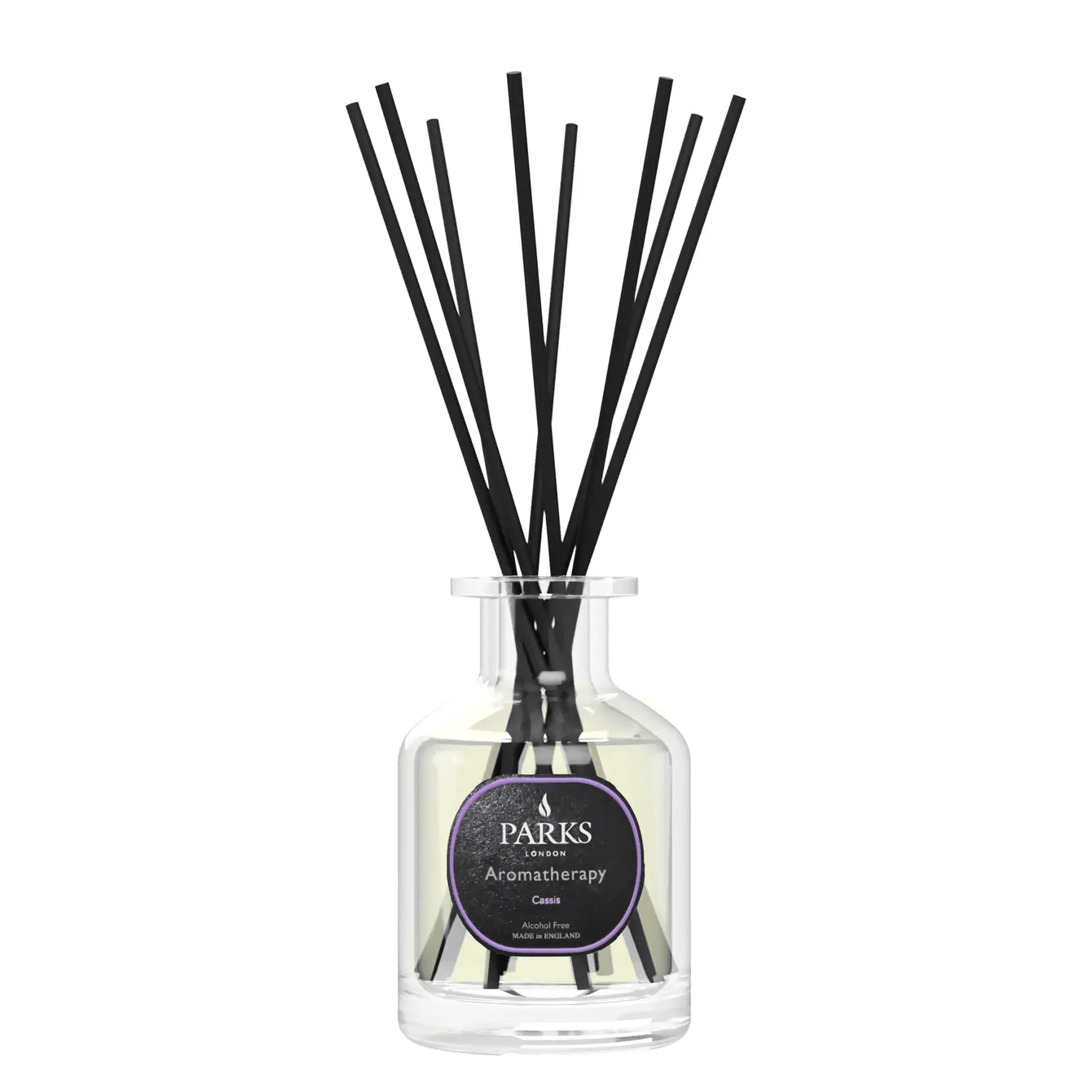 Parks Candles Cassis diffuser 100ml with a sleek glass bottle and reed sticks, designed to infuse a space with floral cassis scent.