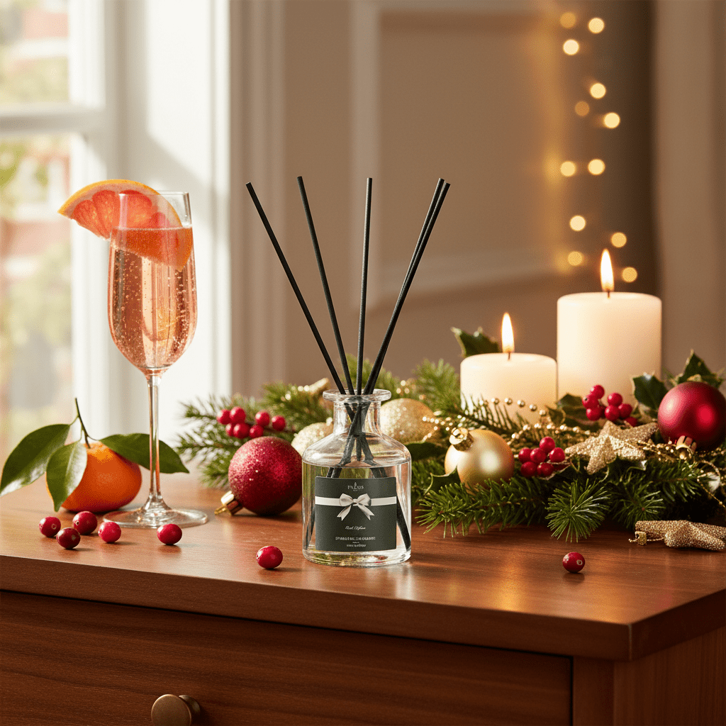 Parks Candles Perfect Presents Sparkling Cranberries 100ml diffuser with a decorative glass container and botanical accents.