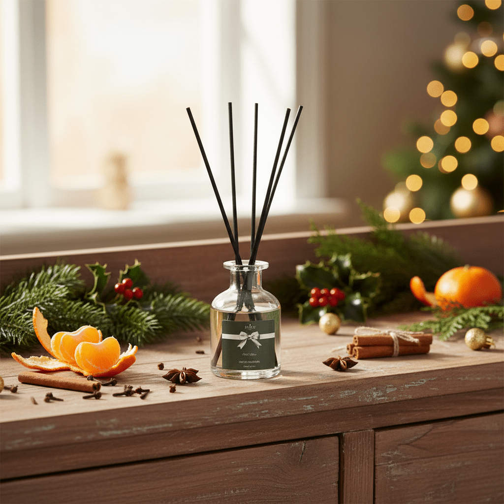 Parks Candles Perfect Presents Spiced Mandarin diffuser bottle with a sleek design and reed sticks for home aromatic scent.