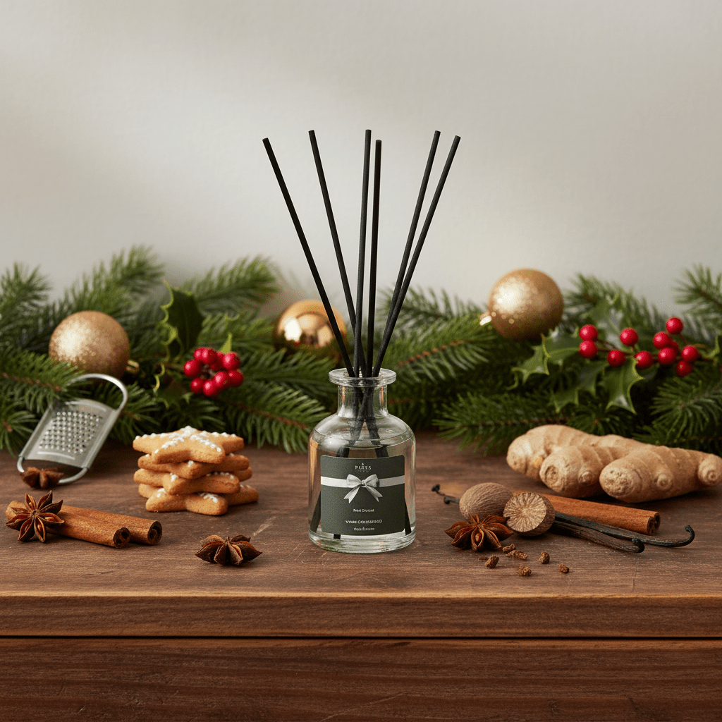 Parks Candles Warm Gingerbread diffuser 100ml bottle with a decorative label and diffuser reeds for home fragrance.