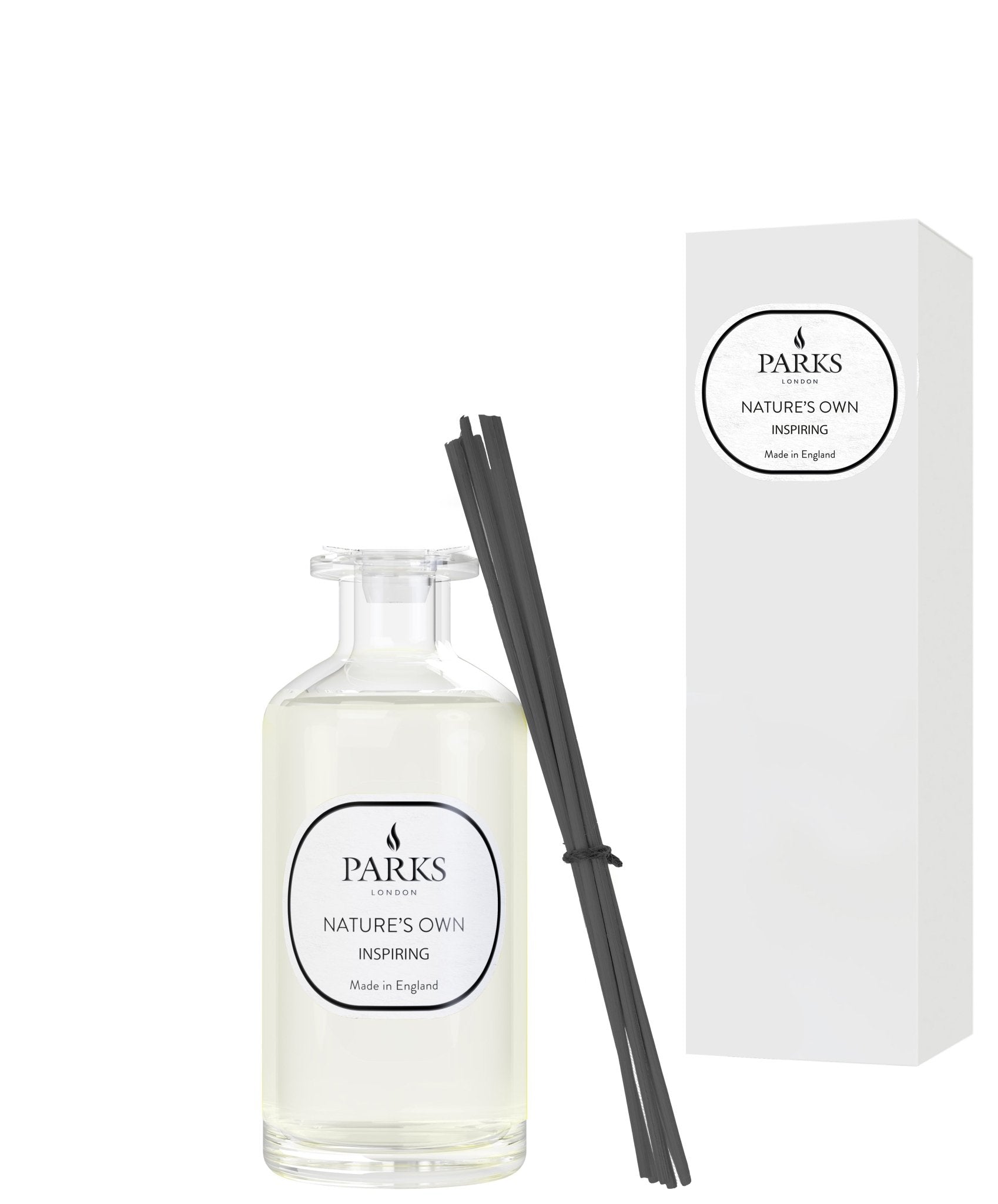 Parks Candles inspiring 220ml fragrance diffuser with elegant glass bottle and reed sticks for home aromatherapy.