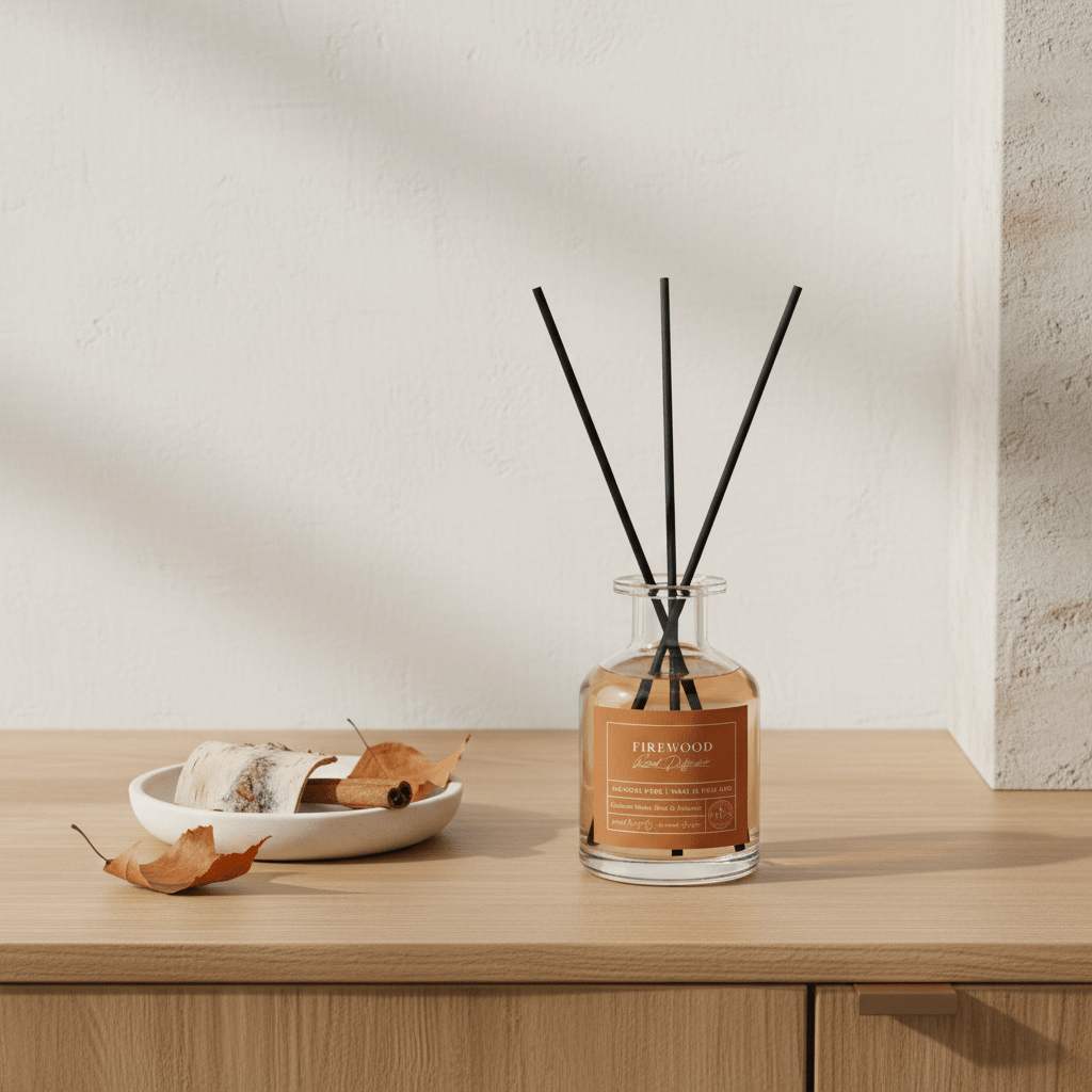 Parks Candles Autumn Special Edition Firewood reed diffuser in 100ml bottle with decorative reeds for home fragrance.