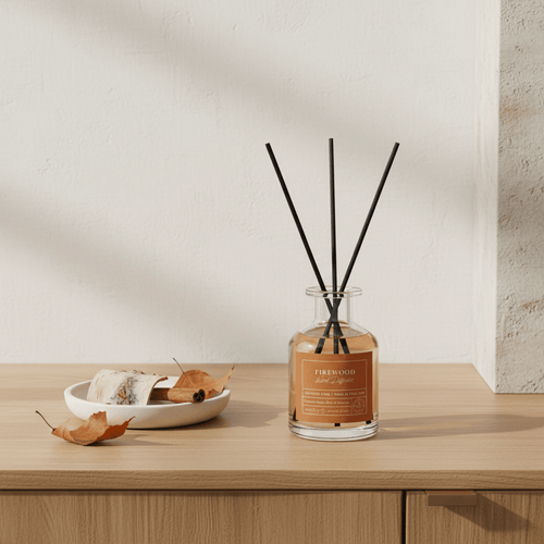 Parks Candles Autumn Special Edition Firewood reed diffuser in 100ml bottle with decorative reeds for home fragrance.