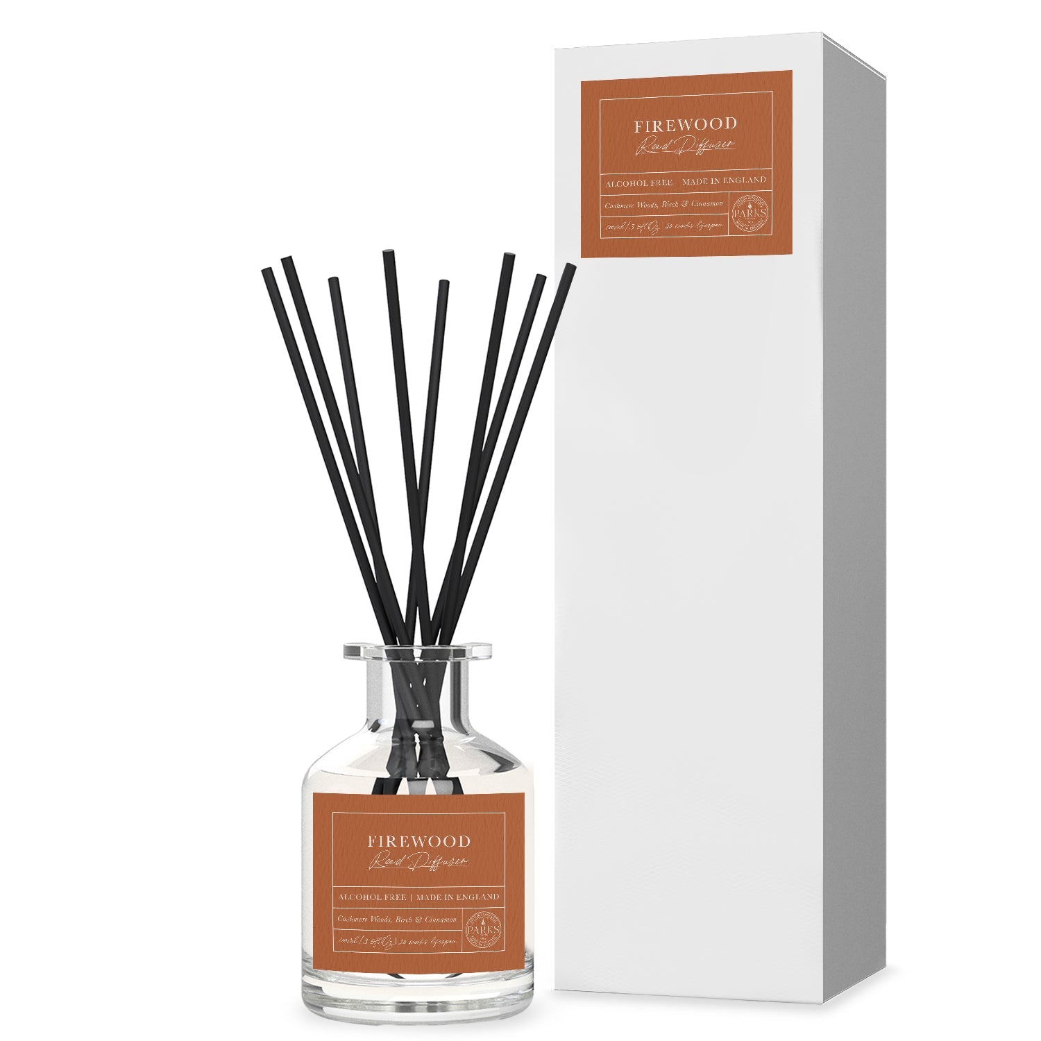 Autumn Special Edition Firewood reed diffuser by Parks Candles with 100ml bottle and natural wood wick in a decorative box
