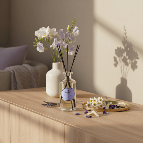 Parks Candles Camomile Violet & Orris reed diffuser in a 220ml glass bottle with natural reeds for home fragrance.