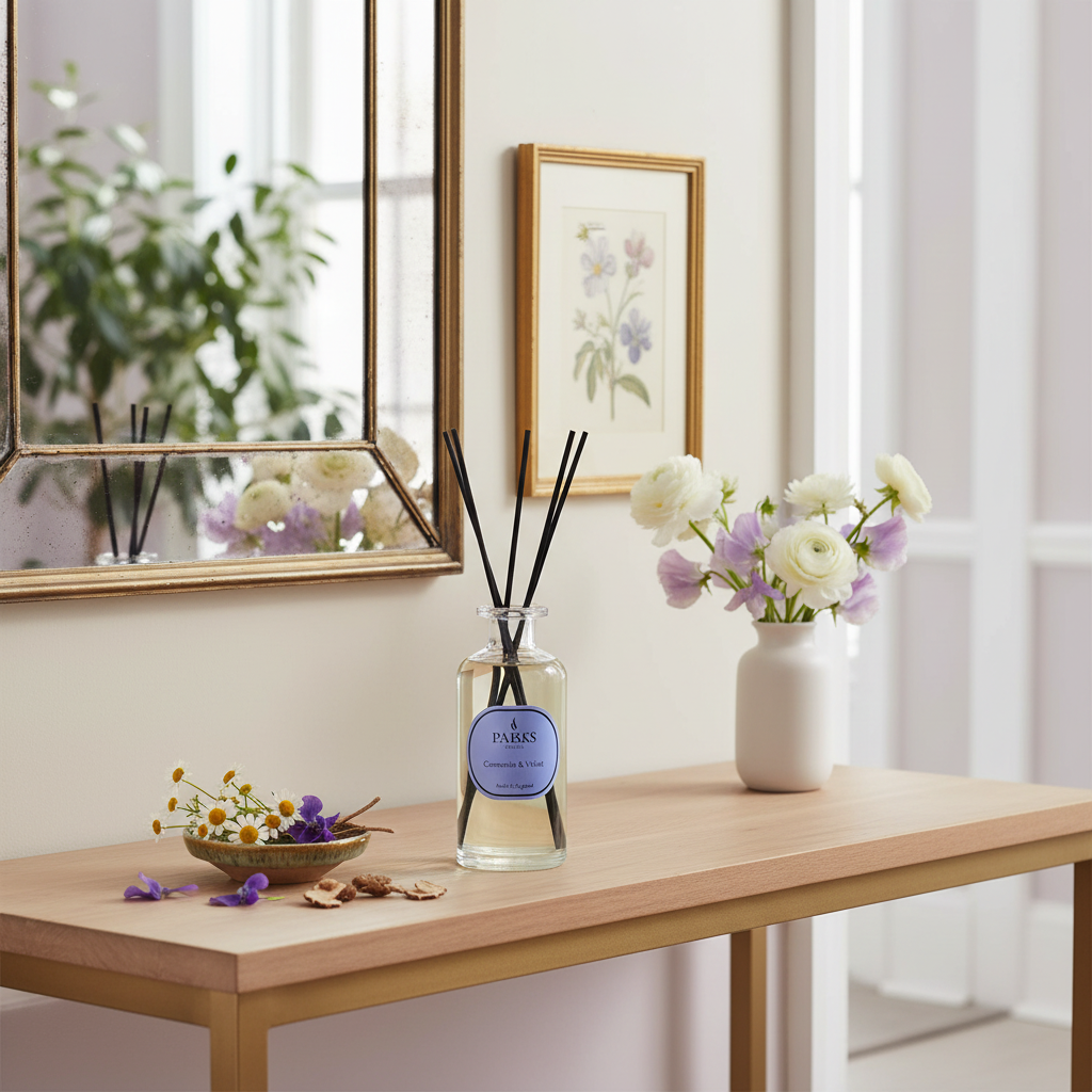 Parks Candles Camomile Violet & Orris Reed Diffuser 220ml with elegant glass bottle and reed sticks for home fragrance.