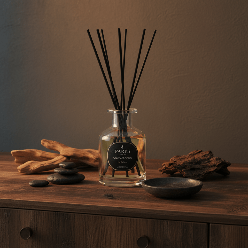 Parks Candles Feu de Bois reed diffuser 100ml with elegant glass bottle and reed sticks for home fragrance.