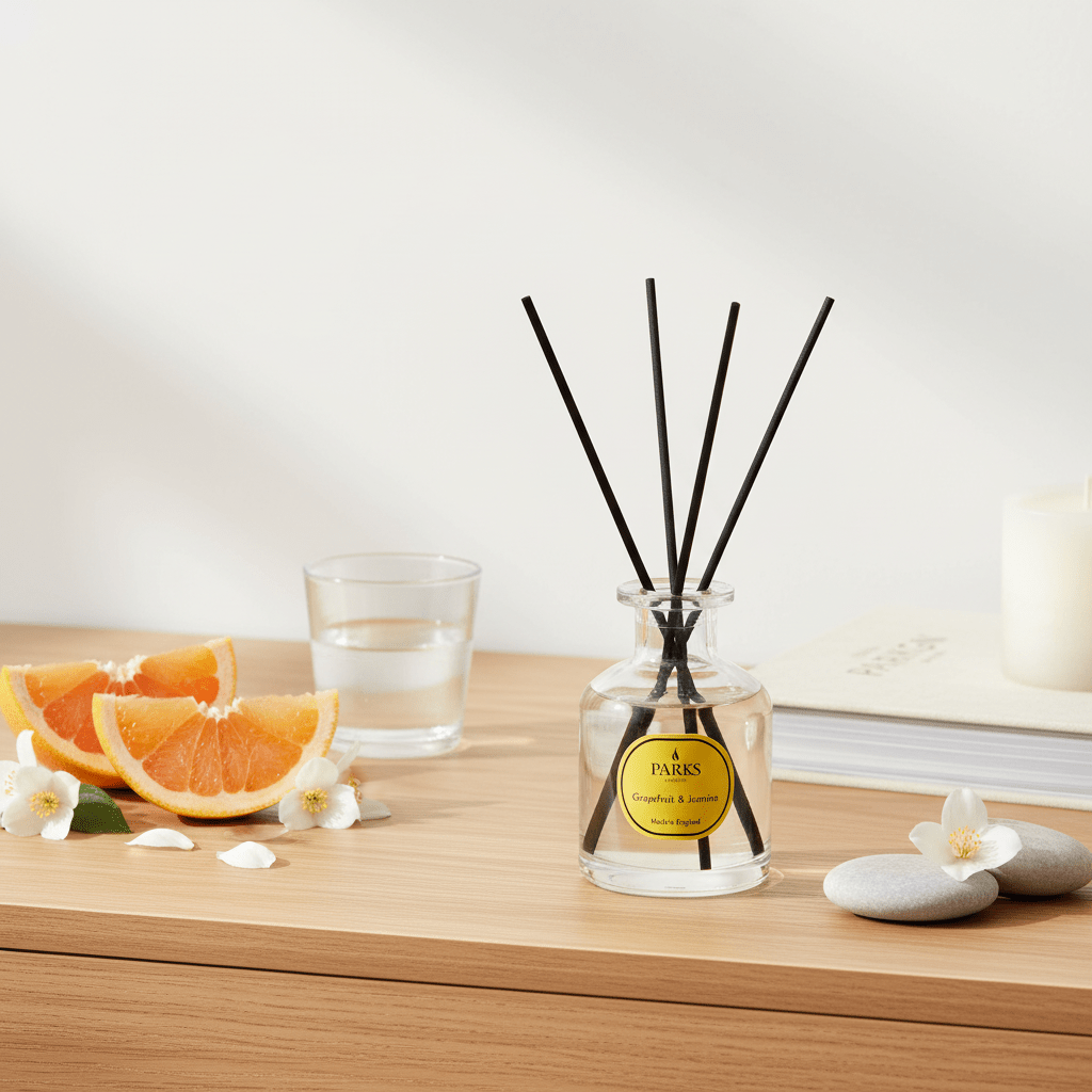 Parks Candles grapefruit and jasmine reed diffuser 100ml with glass bottle and natural reed sticks.