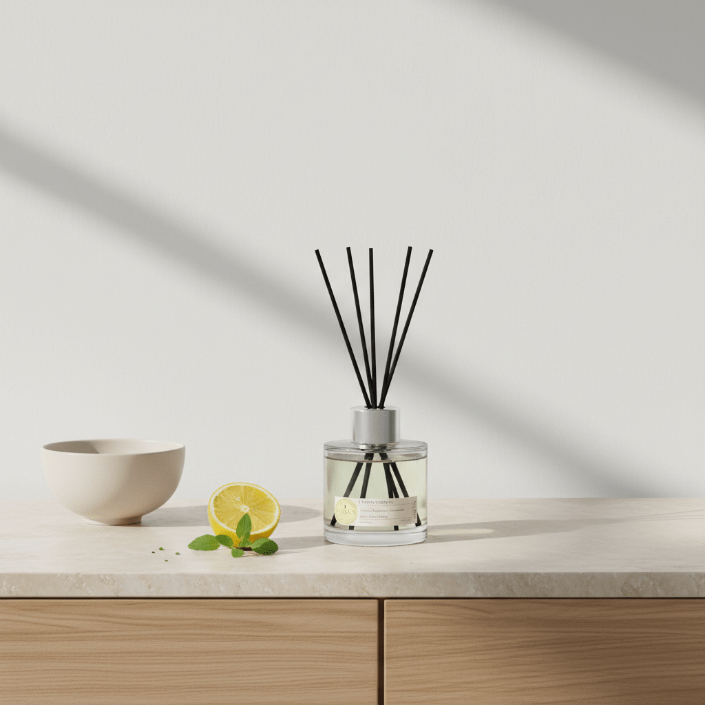 Parks Candles Lemon Verbena reed diffuser with 100ml glass bottle and natural reed sticks for fresh lemon and herbal scent.