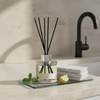 Lemon Verbena reed diffuser by Parks Candles in a 100ml glass bottle with natural reeds for fresh citrus scent.