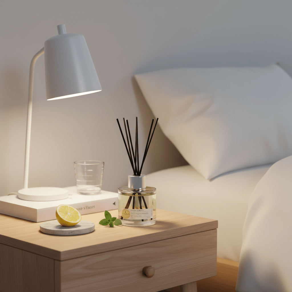Lemon Verbena reed diffuser by Parks Candles, 100ml bottle with natural reed sticks for fresh citrus scent.