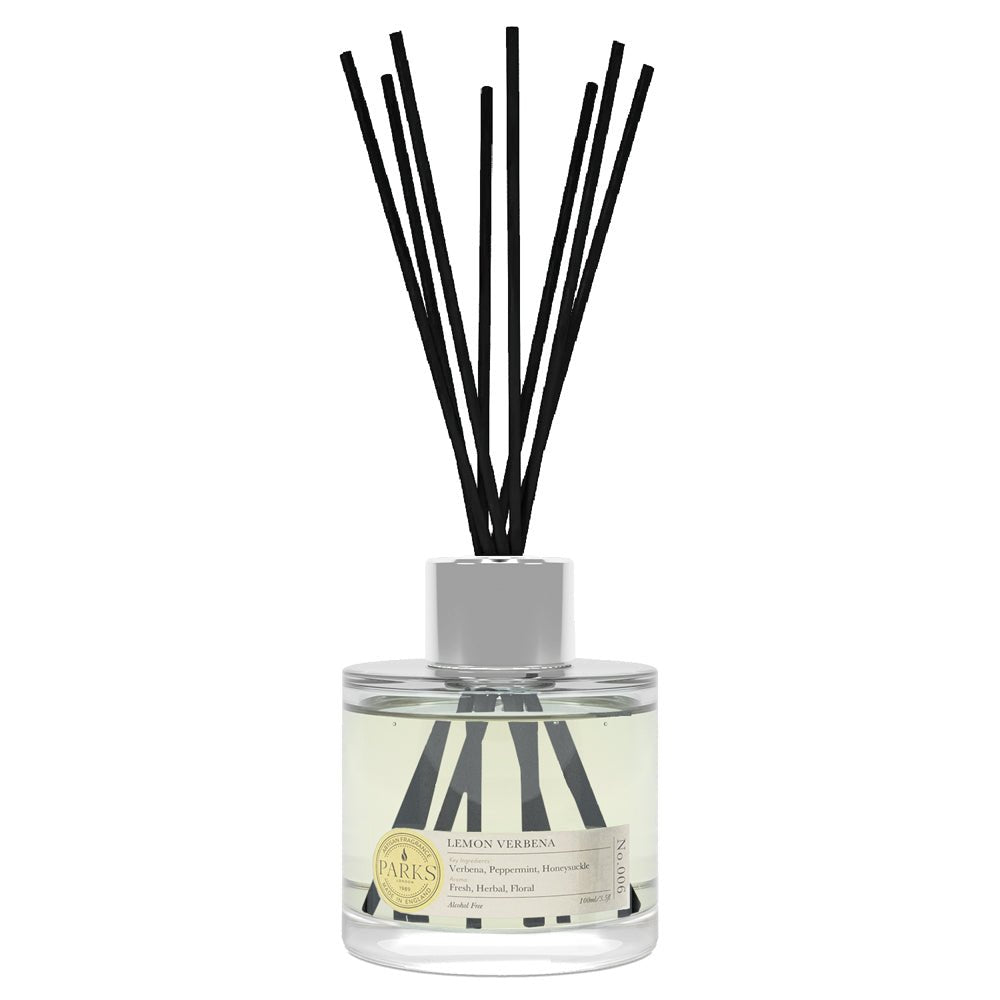 Parks Candles Lemon Verbena Reed Diffuser 100ml with elegant glass bottle and reed sticks for fresh citrus fragrance.