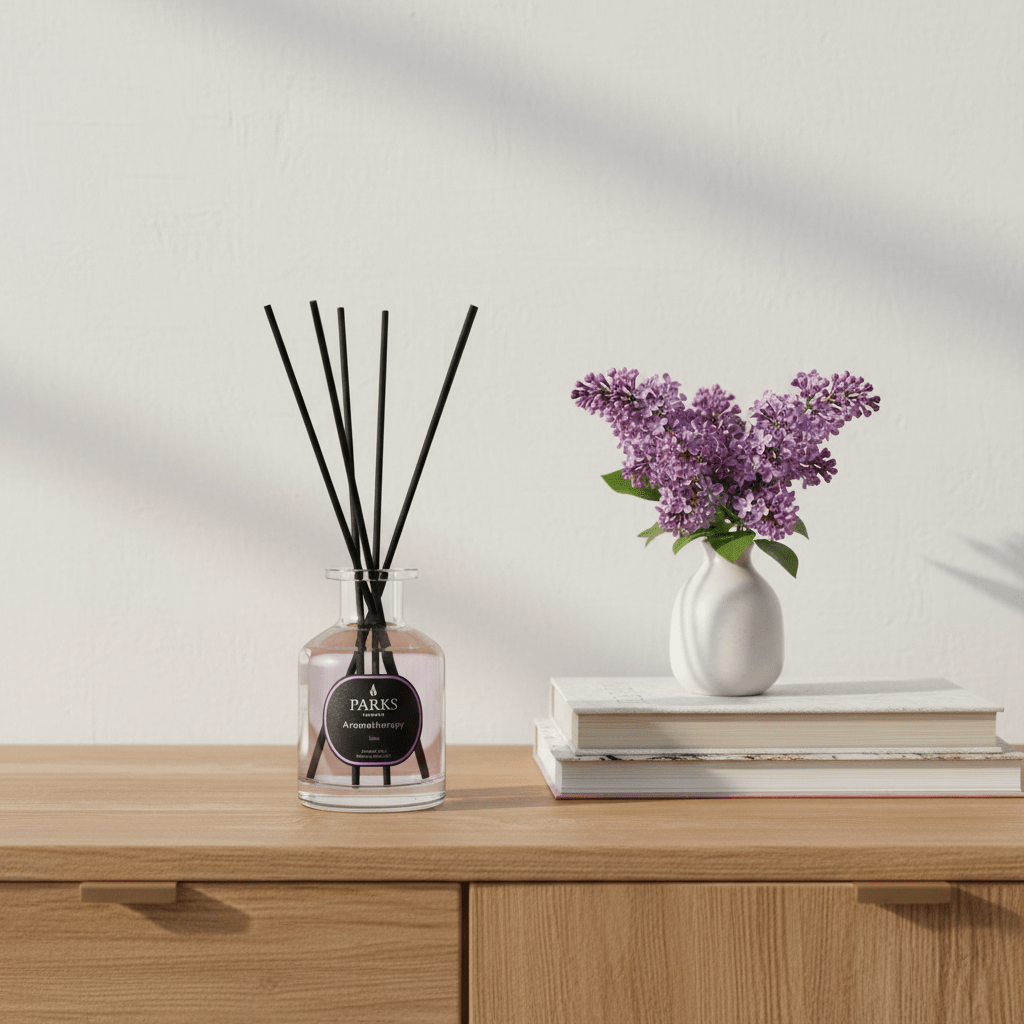 Parks Candles lilac reed diffuser with 100ml glass bottle and natural reed sticks for home fragrance.