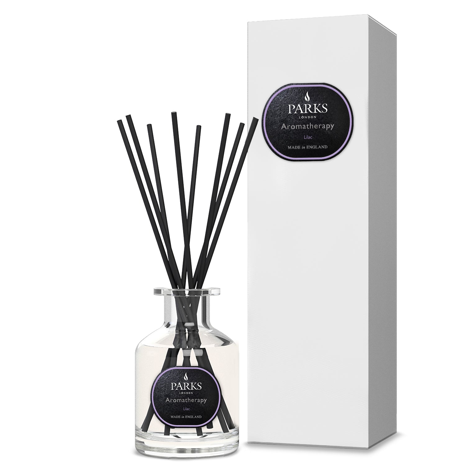 Parks Candles Lilac 100ml reed diffuser with glass bottle and natural reeds for home fragrance.