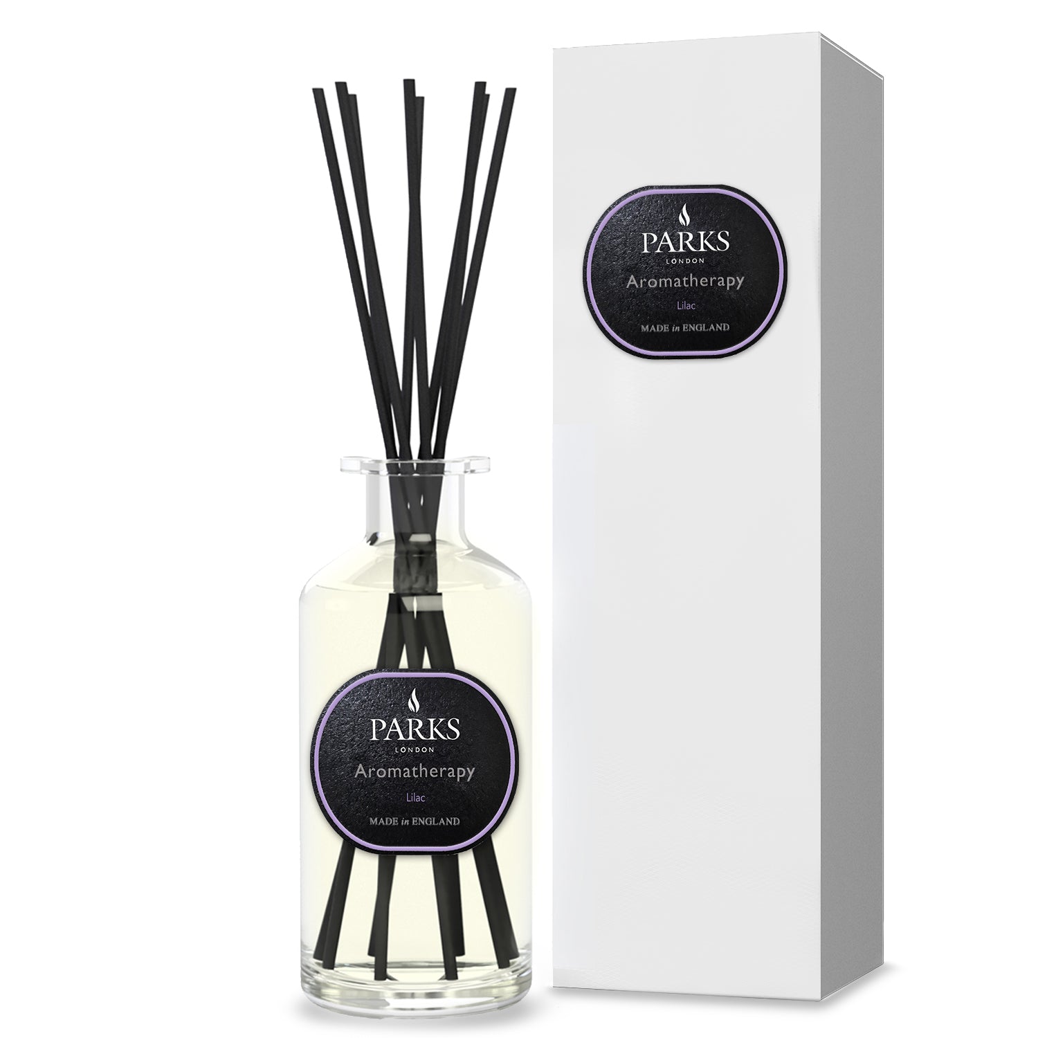 Lilac reed diffuser by Parks Candles in a 220ml glass bottle with reed sticks for home fragrance.