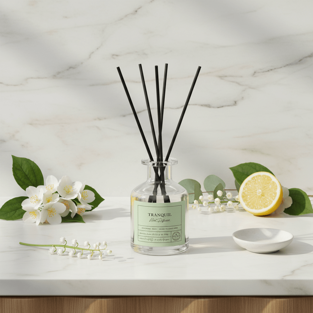 Parks Candles MOODS TRANQUIL reed diffuser in 100ml bottle with elegant design and reed sticks for home fragrance.