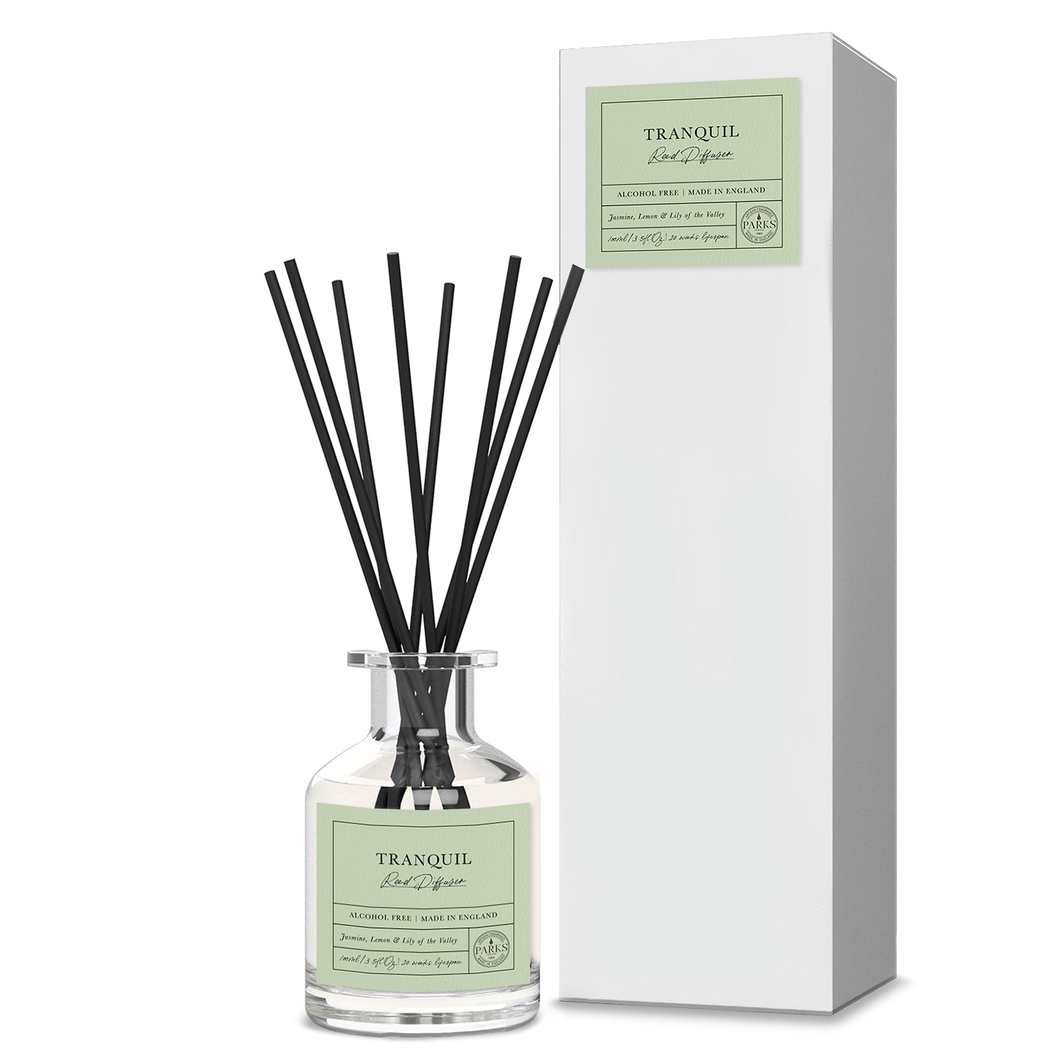 Parks Candles MOODS TRANQUIL 100ml reed diffuser with elegant glass bottle and wooden reeds for calming home fragrance.