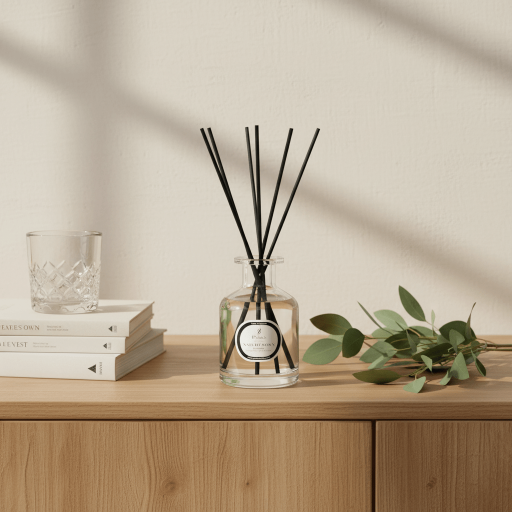 Parks Candles Natures Own Rejuvenating 100ml reed diffuser with natural wooden reeds and a clear glass bottle for home fragrance.
