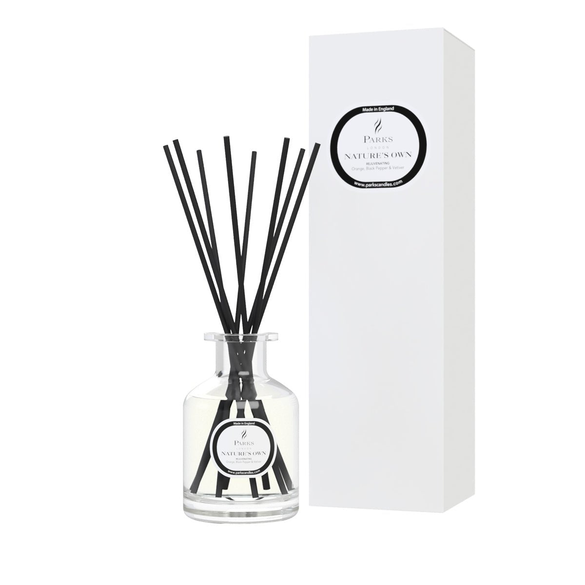 Parks Candles Natures Own Rejuvenating Reed Diffuser in 100ml glass bottle with reed sticks for home fragrance.