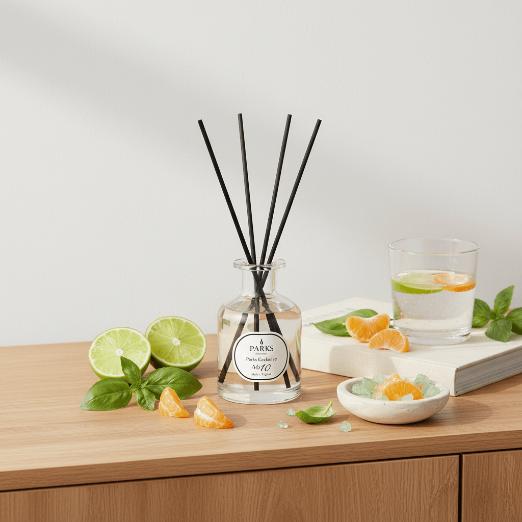 Parks Candles NO10 Lime, Basil, and Mandarin reed diffuser 100ml with a glass bottle and natural reed sticks.
