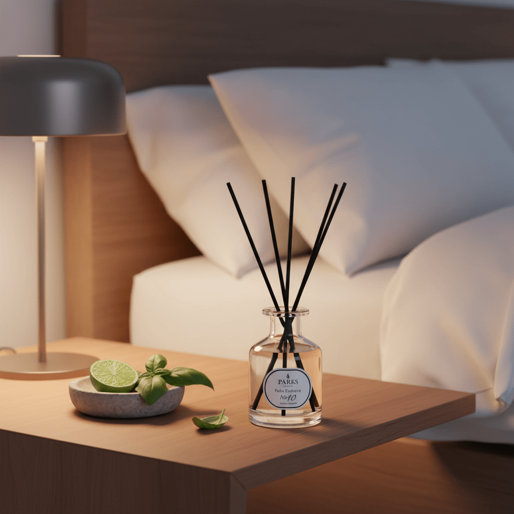 Parks Candles NO10 Lime, Basil and Mandarin Reed Diffuser 100ml with a sleek glass bottle and natural reed sticks.