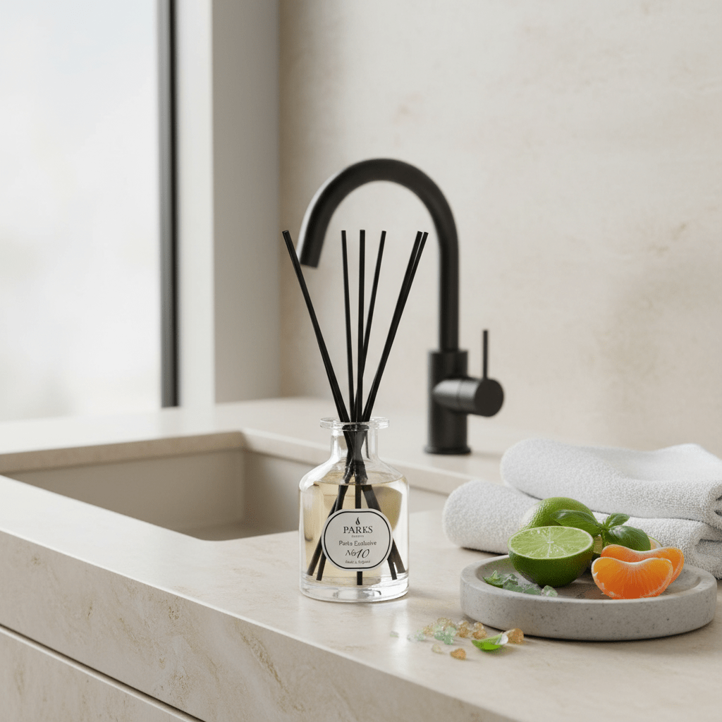 Parks Candles NO10 Lime, Basil, and Mandarin Reed Diffuser 100ml with a sleek glass bottle and natural reed reeds.