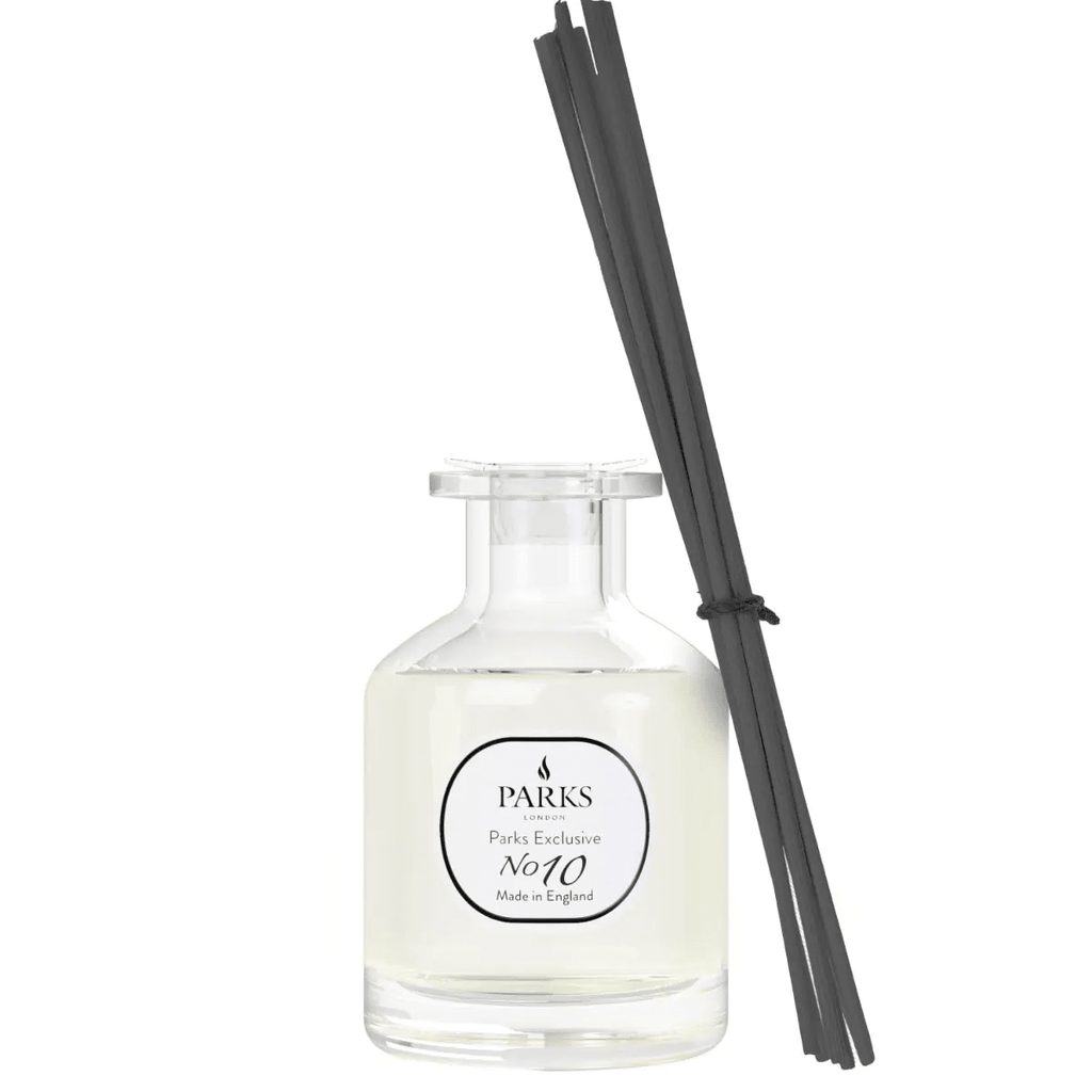 Parks Candles NO10 Lime, Basil, and Mandarin Reed Diffuser 100ml with a glass bottle and reed sticks on a neutral background.