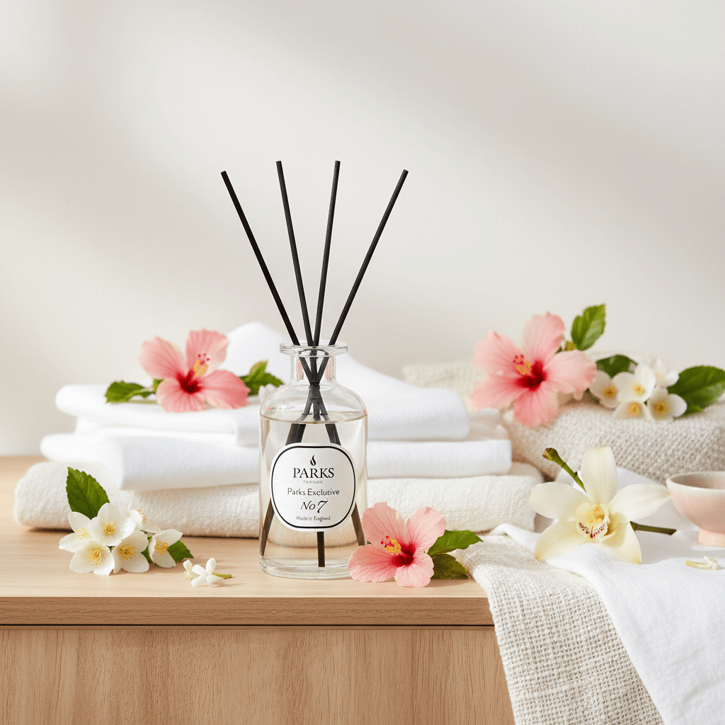 Parks Candles NO7 Cotton Fresh reed diffuser 220ml with white ceramic holder and natural reed sticks for fresh scent.