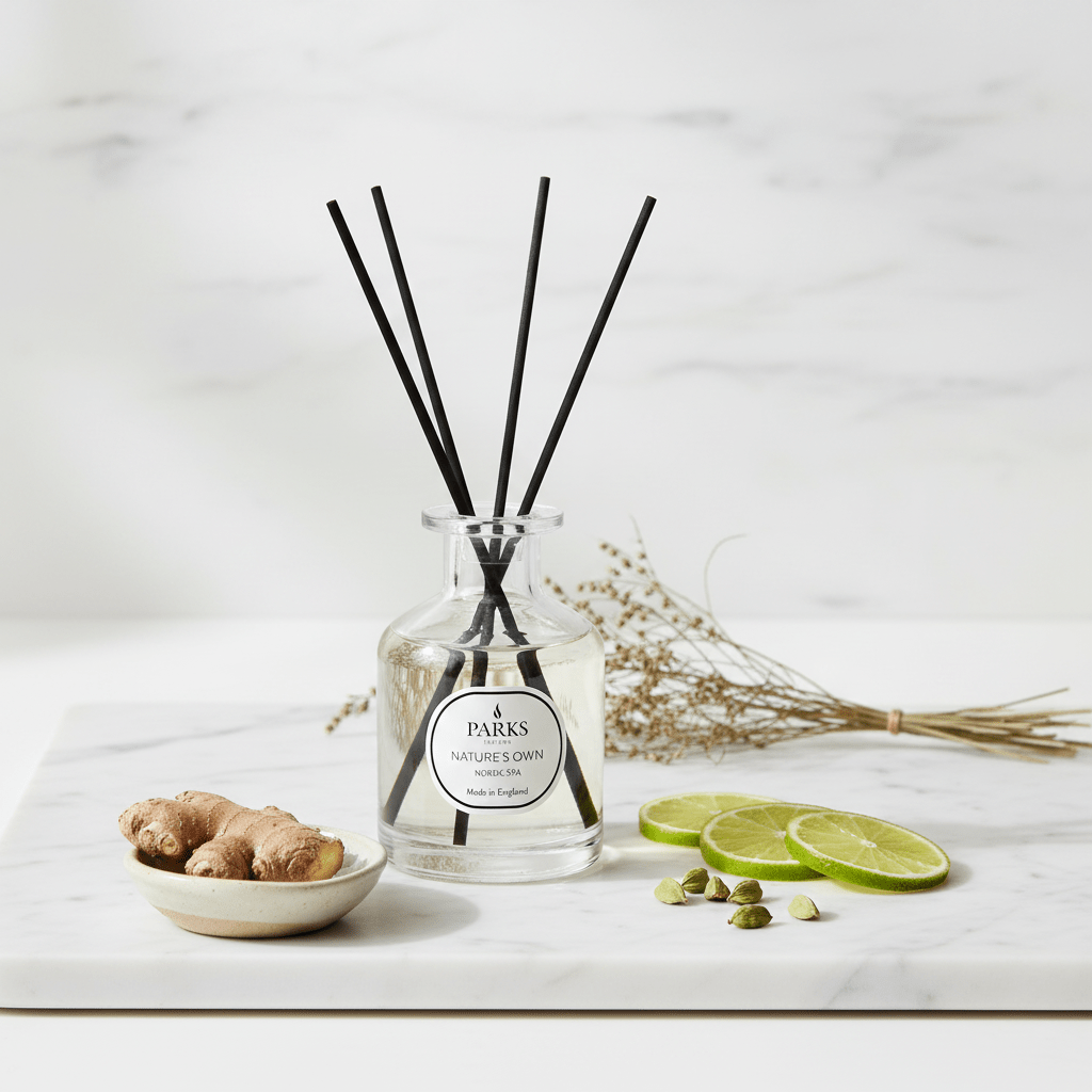Parks Candles Nordic Spa reed diffuser 100ml with elegant glass bottle and reed sticks for home fragrance.