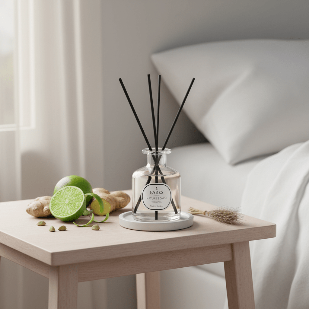 Parks Candles Nordic Spa Reed Diffuser 100ml with elegant glass bottle and natural reed sticks for soothing home fragrance.