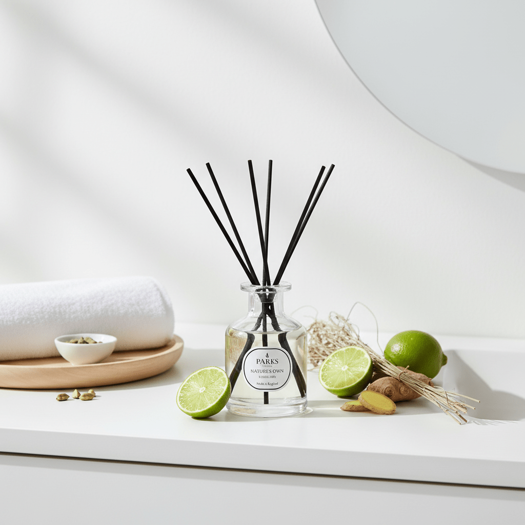 Parks Candles Nordic Spa Reed Diffuser 100ml with elegant glass bottle and reed sticks for home fragrance.