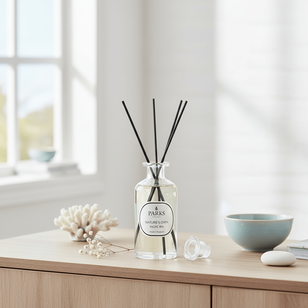 Pacific Spa reed diffuser by Parks Candles in a 220ml bottle, featuring elegant design and calming spa-inspired fragrance.