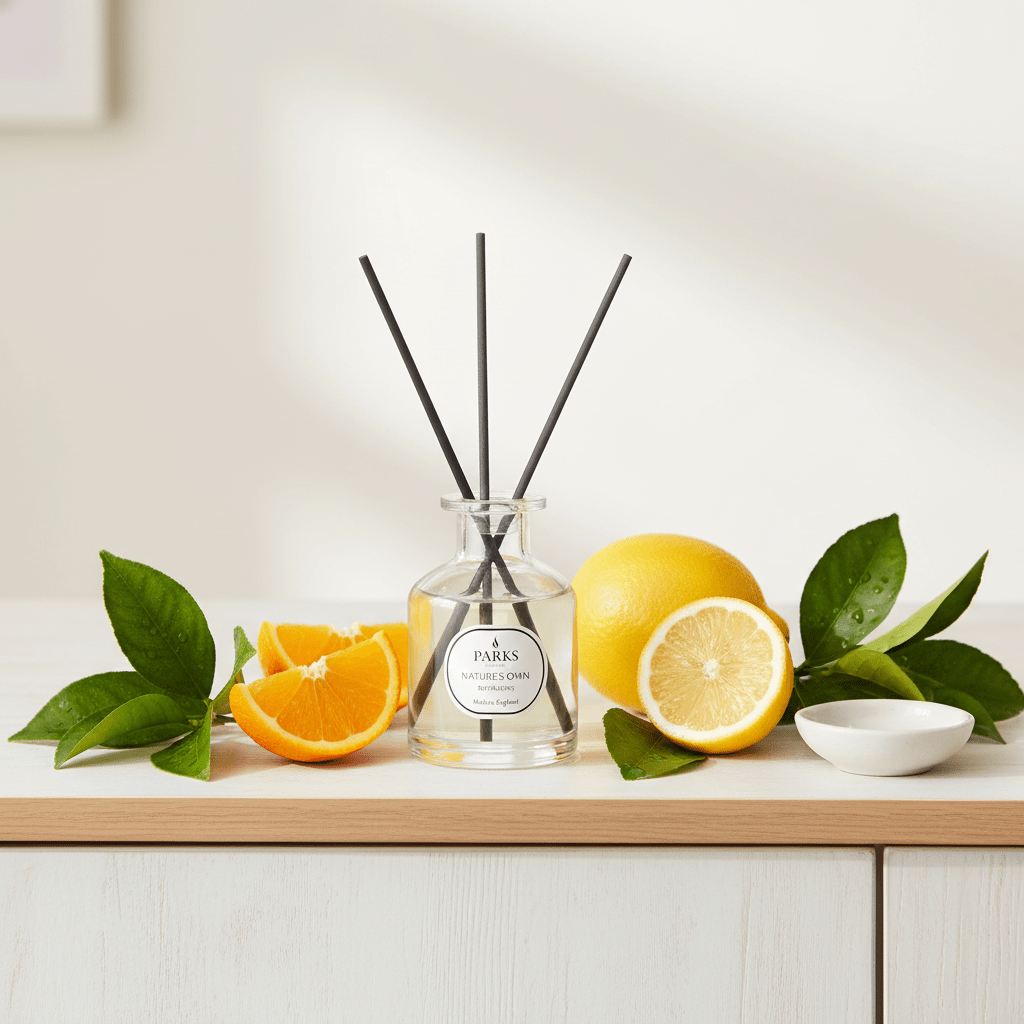Parks Candles revitalizing reed diffuser 100ml with elegant glass bottle and natural wooden reeds for home fragrance.
