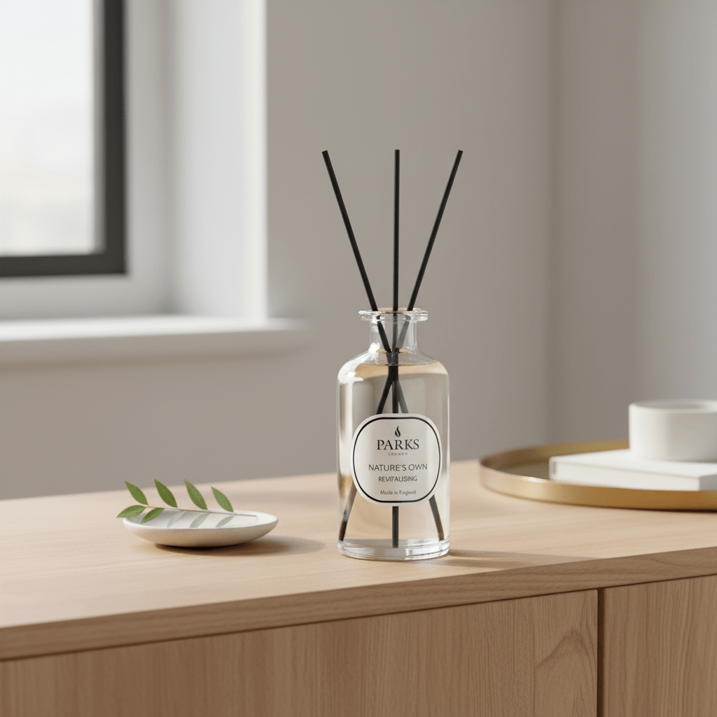 Parks Candles revitalizing reed diffuser 220ml with elegant glass bottle and natural reed sticks for home fragrance.