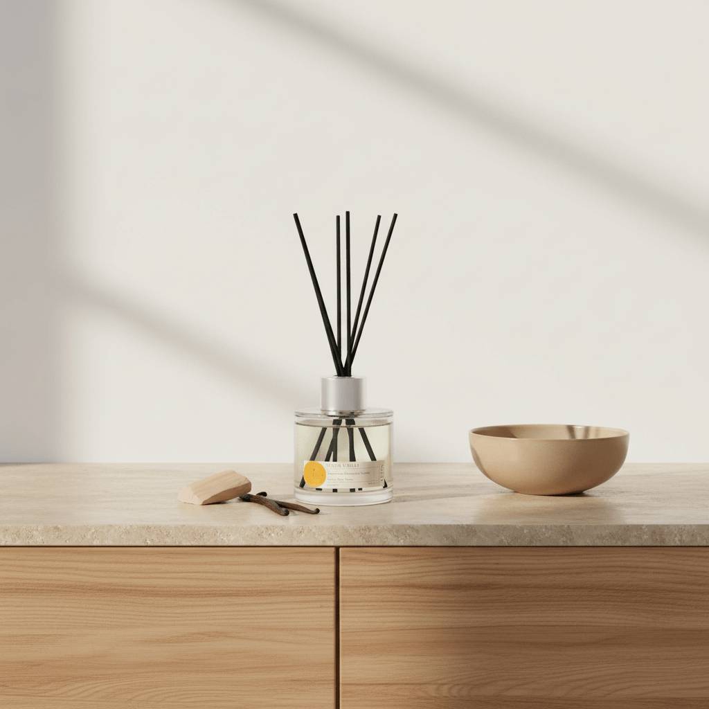 Parks Candles Santal Vanille reed diffuser with 100ml glass bottle and natural reed sticks for home fragrance.