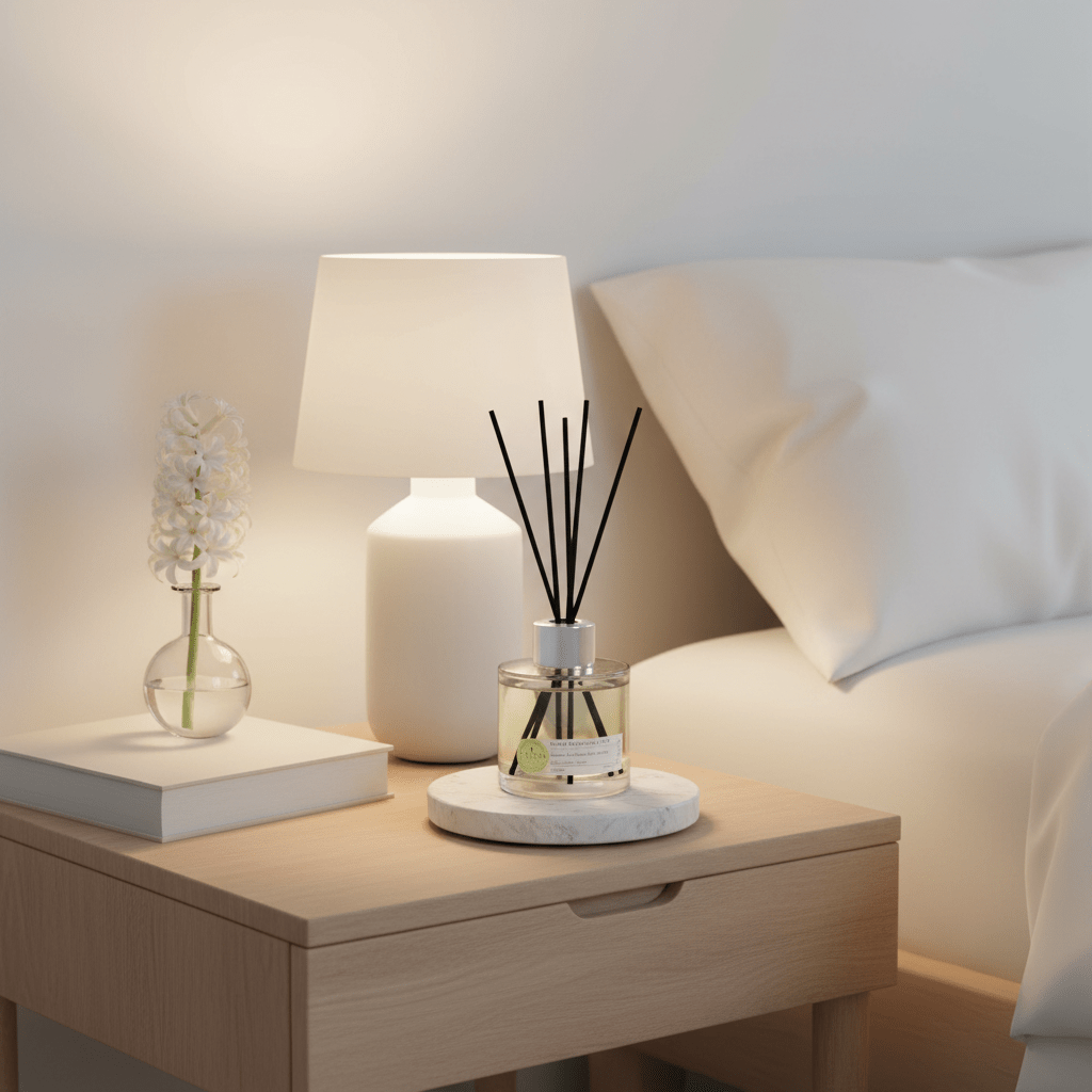 White Hyacinth and Lily reed diffuser by Parks Candles, 100ml glass bottle with reed sticks for floral home fragrance.