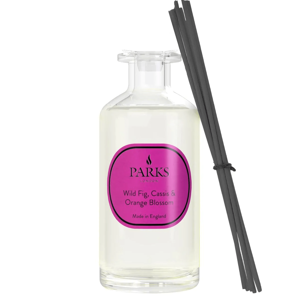Parks Candles reed diffuser with wild fig, cassis, and orange blossom scent in a 220ml glass bottle, featuring a natural reed wick.