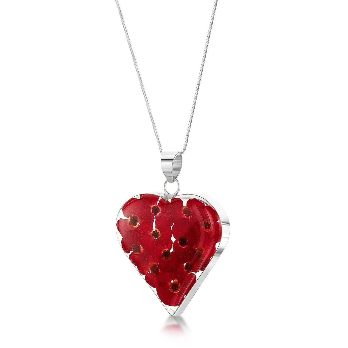 Real Poppy Flower Heart Necklace in Sterling Silver