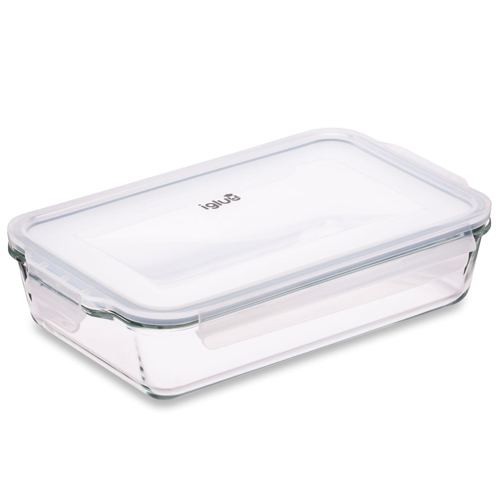 Igluu Meal Prep borosilicate glass lasagne dish with lid, 2.2L, for baking and meal prep, showcasing the clear glass and lid.
