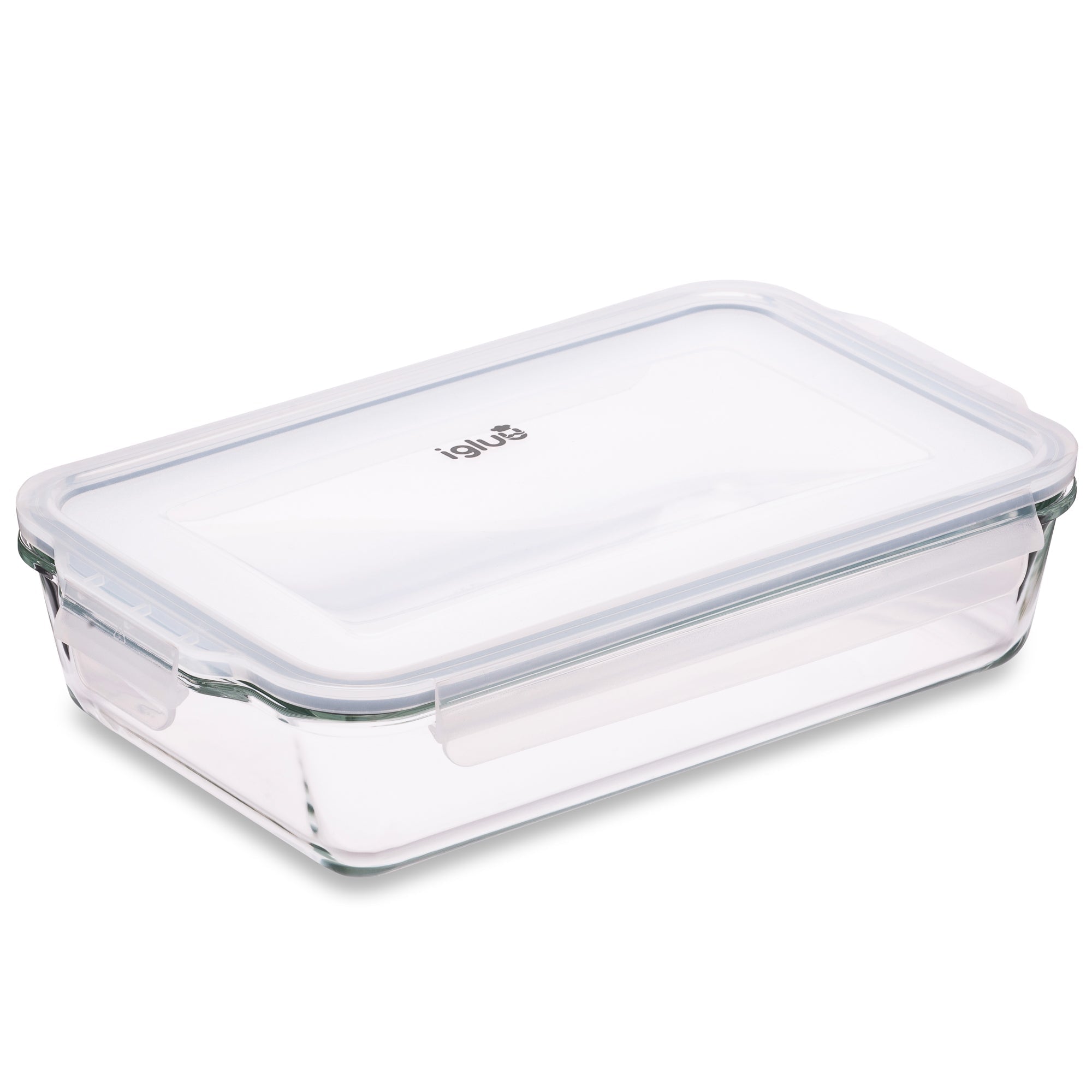 Igluu Meal Prep borosilicate glass lasagne dish with lid, 2.2L, for baking and meal prep, showcasing the clear glass and lid.