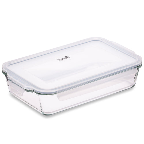 Igluu Meal Prep borosilicate glass lasagne dish with lid, 2.2L, for baking and meal prep, showcasing the clear glass and lid.