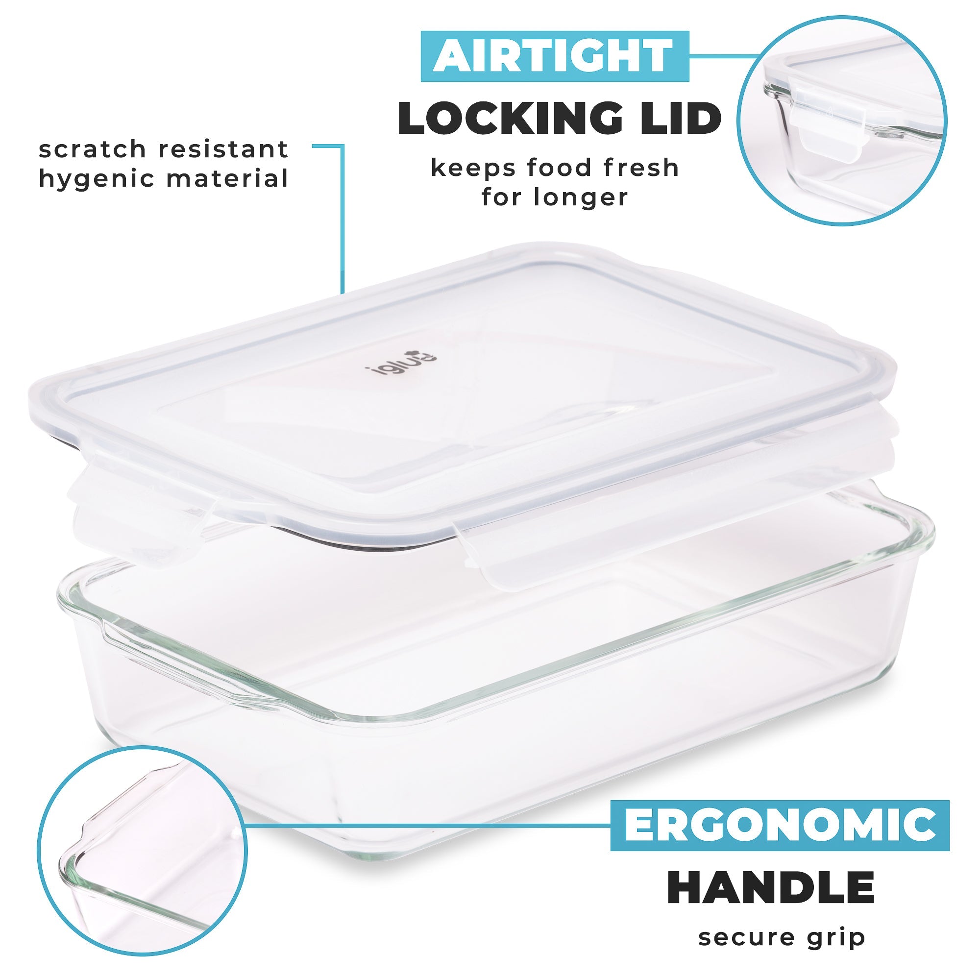 Igluu 2.2L borosilicate glass lasagne dish with lid, ideal for baking and meal prep, clear glass and sturdy lid included.