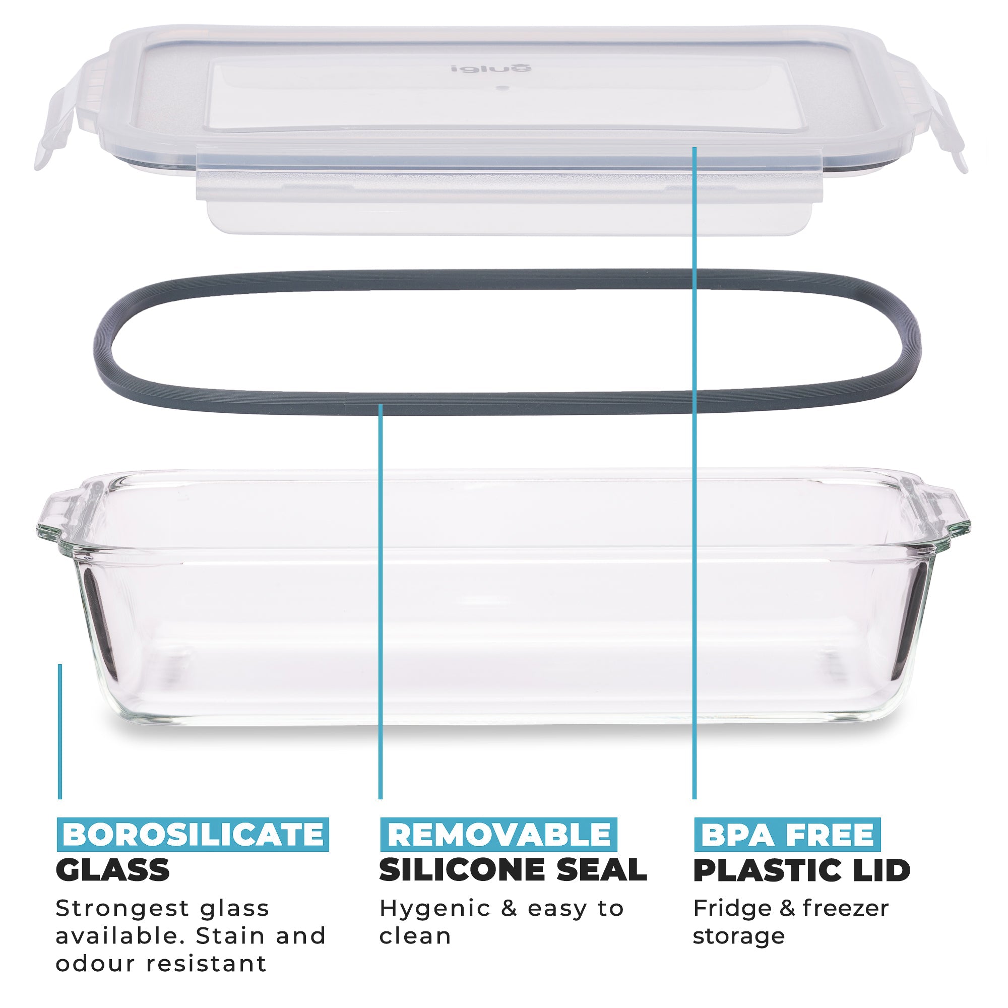 Igluu Meal Prep borosilicate glass lasagne dish with lid, 2.2L, ideal for baking and meal prep, clear and durable for kitchen use.